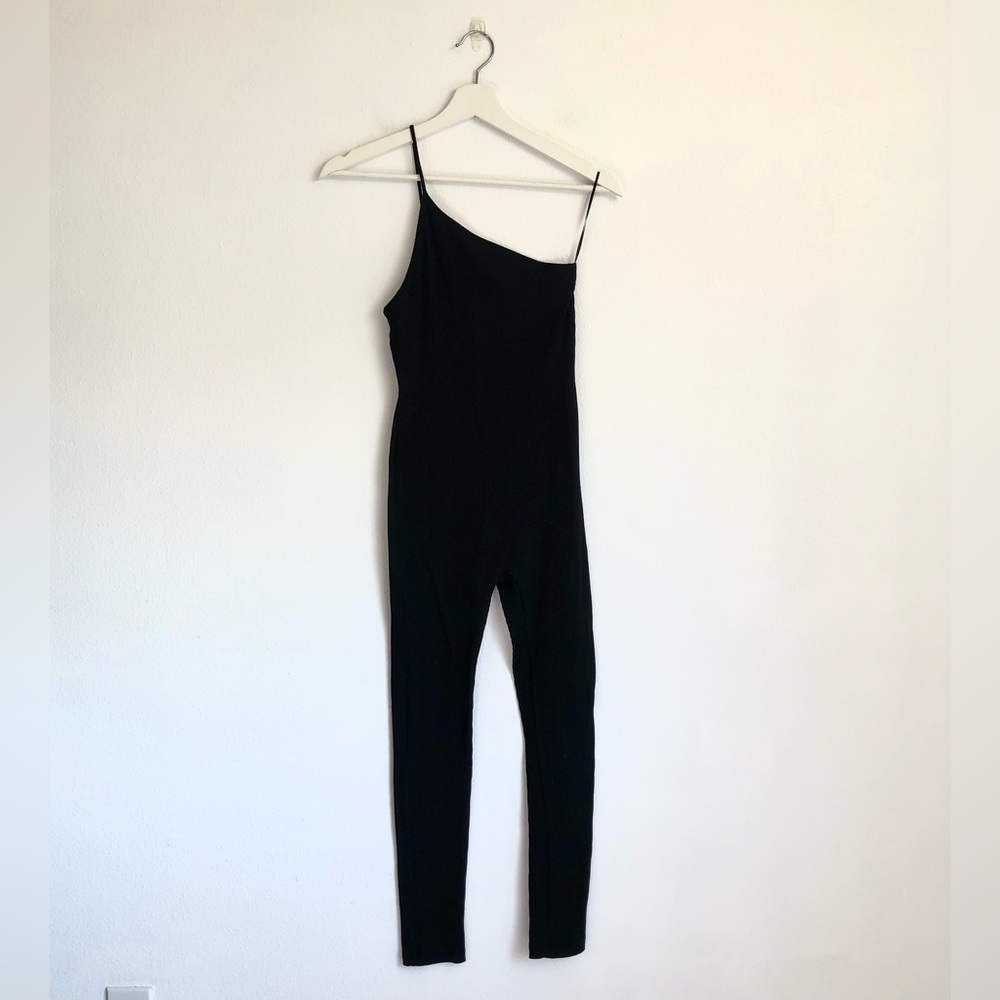 Zara Black Ribbed Asymmetrical One Shoulder Stretchy Jumpsuit Size Small